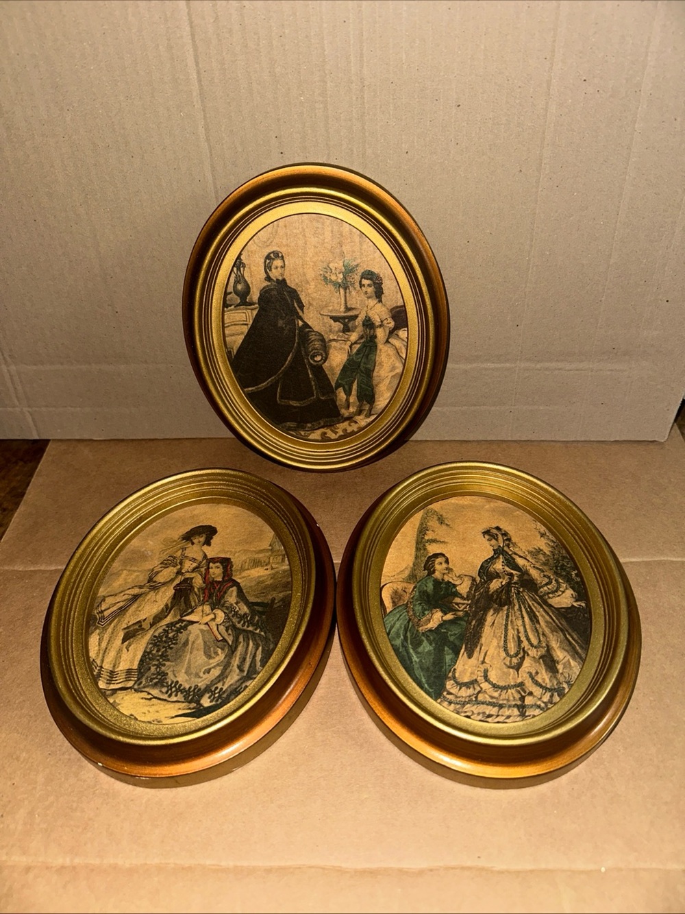 La Mode Illustree France Framed Vintage Style Wall Art Trio - Gold Oval Prints